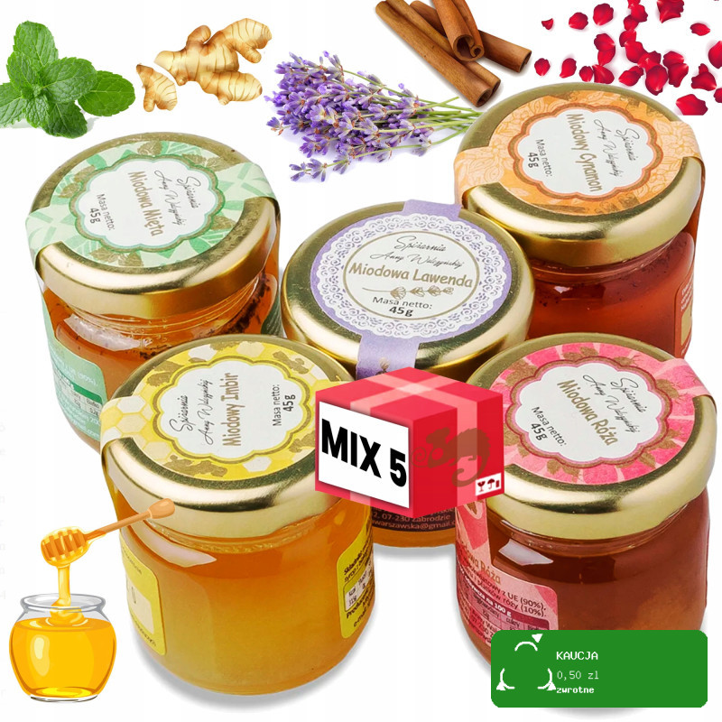 MIODKI SMAKOWE mix RÓŻA LAWENDA IMBIR CYNAMON MIĘTA 45g x5 Prezent Miód