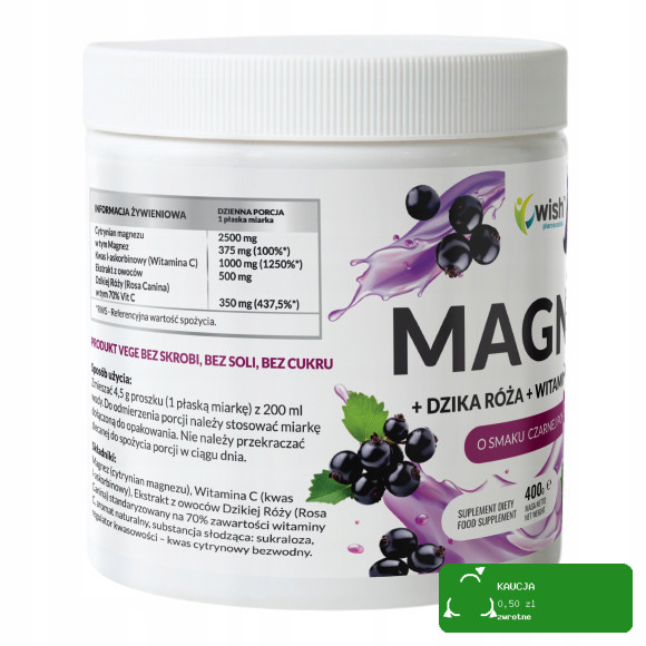 MAGNEZ cytrynian + DZIKA RÓŻA + WIT. C 1000mg w proszku WISH 400g PORZECZKA