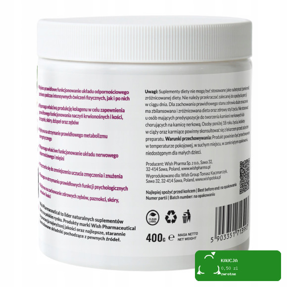MAGNEZ cytrynian + DZIKA RÓŻA + WIT. C 1000mg w proszku WISH 400g PORZECZKA