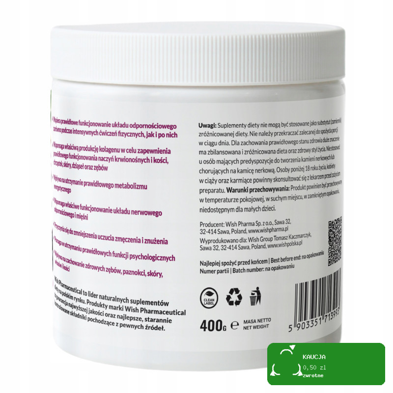 MAGNEZ cytrynian + DZIKA RÓŻA + WIT. C 1000mg w proszku WISH 400g PORZECZKA