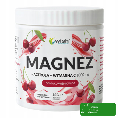 MAGNEZ cytrynian magnezu + ACEROLA +WIT C 1000mg w proszku WISH 400g WIŚNIA
