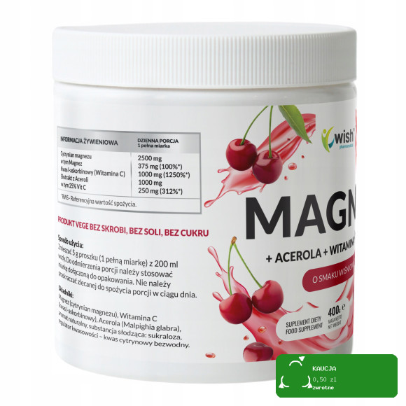 MAGNEZ cytrynian magnezu + ACEROLA +WIT C 1000mg w proszku WISH 400g WIŚNIA