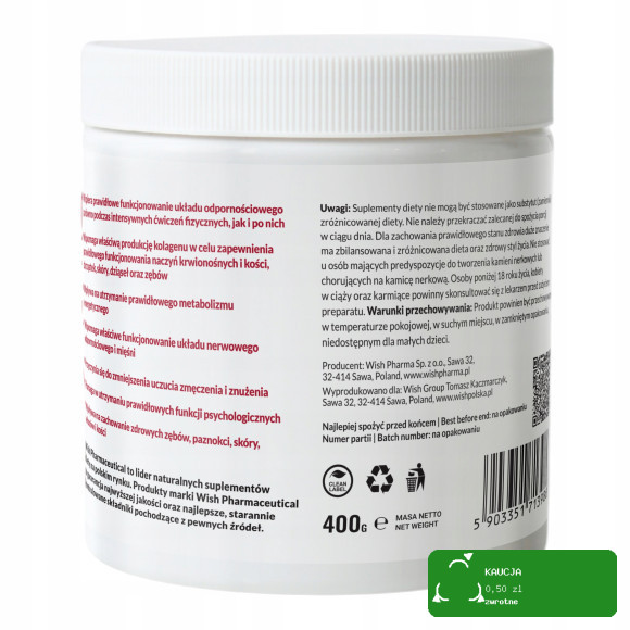 MAGNEZ cytrynian magnezu + ACEROLA +WIT C 1000mg w proszku WISH 400g WIŚNIA