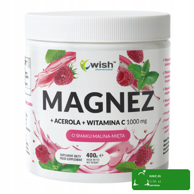 Wish MAGNEZ cytrynian magnezu + ACEROLA +WIT C 1000mg w proszku 400g MALINA