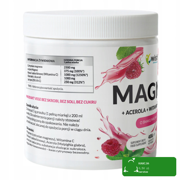 Wish MAGNEZ cytrynian magnezu + ACEROLA +WIT C 1000mg w proszku 400g MALINA