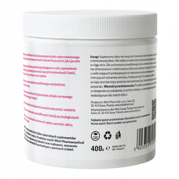Wish MAGNEZ cytrynian magnezu + ACEROLA +WIT C 1000mg w proszku 400g MALINA