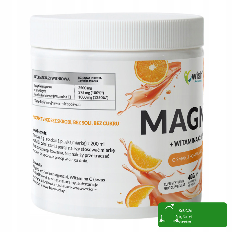 Wish MAGNEZ cytrynian magnezu +WITAMINA C 1000mg w proszku 400g POMARAŃCZA