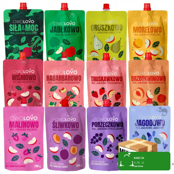 OWOLOVO MUS OWOCOWY DLA DZIECI mix 12 RÓŻNYCH SMAKÓW !! bez cukru 12 x 200G
