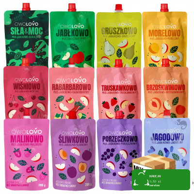 OWOLOVO MUS OWOCOWY DLA DZIECI mix 12 RÓŻNYCH SMAKÓW !! bez cukru 12 x 200G