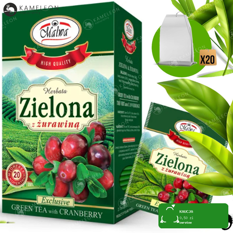 MALWA HERBATA ZIELONA High quality Z ŻURAWINĄ żurawinowa x20 saszetek 40G