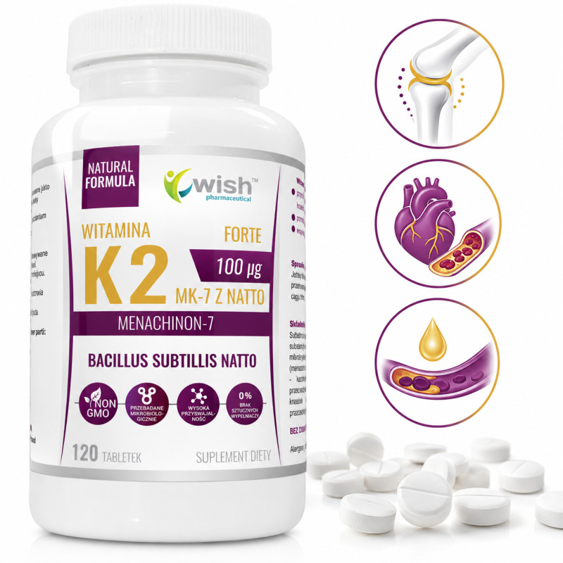 Wish WITAMINA K2 MK7 100µg z natto 120tabl 4 mce wsparcie ZDROWE KOŚCI ZĘBY