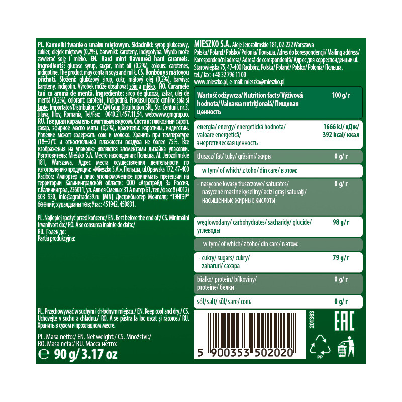 Mieszko LANDRYNKI MINT smak MIĘTOWY MIETOWE MIĘTÓWKI Karmelki cukierki 90g