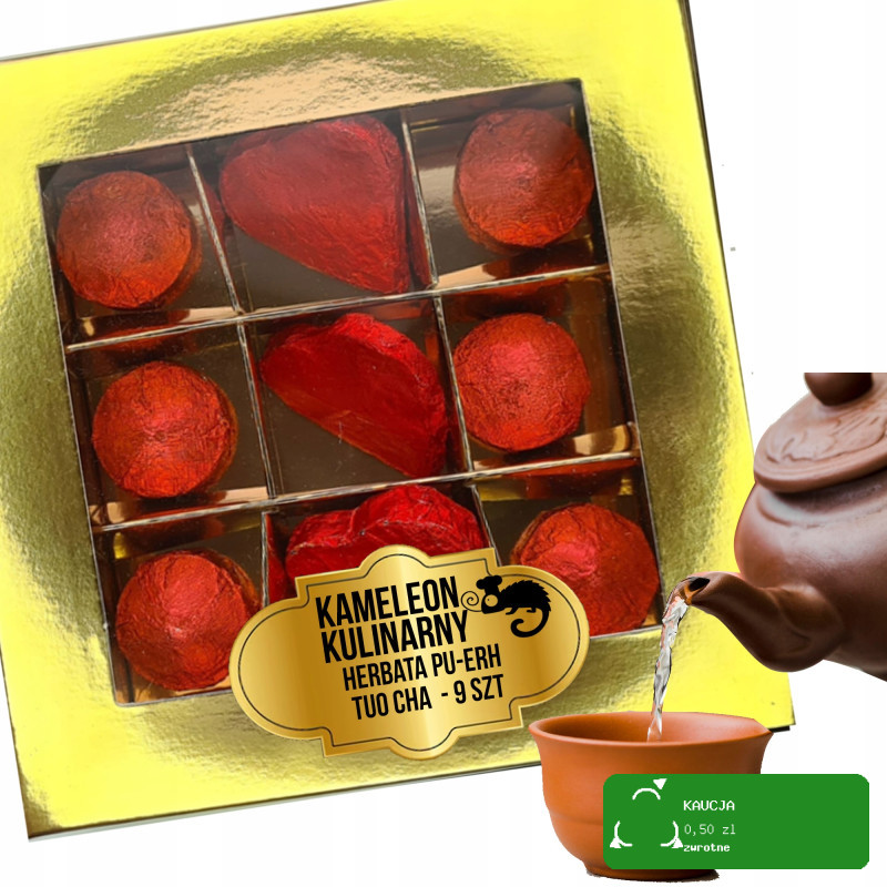 BOMBONIERKA HERBATA czerwona PU-ERH PUERH TEA TUO CHA RÓŻA serca kółka 9szt