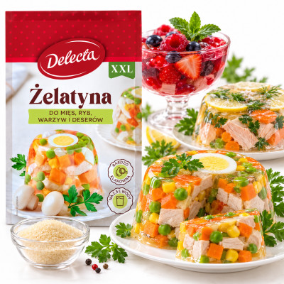 DELECTA ŻELATYNA DO MIĘS WARZYW DESERÓW 50g DUŻE OPAKOWNIE na 2,5 L WODY