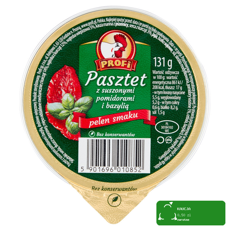 PASZTET DROBIOWO-WIEPRZOWY Z SUSZONYMI POMIDORAMI I BAZYLIĄ 131g Profi