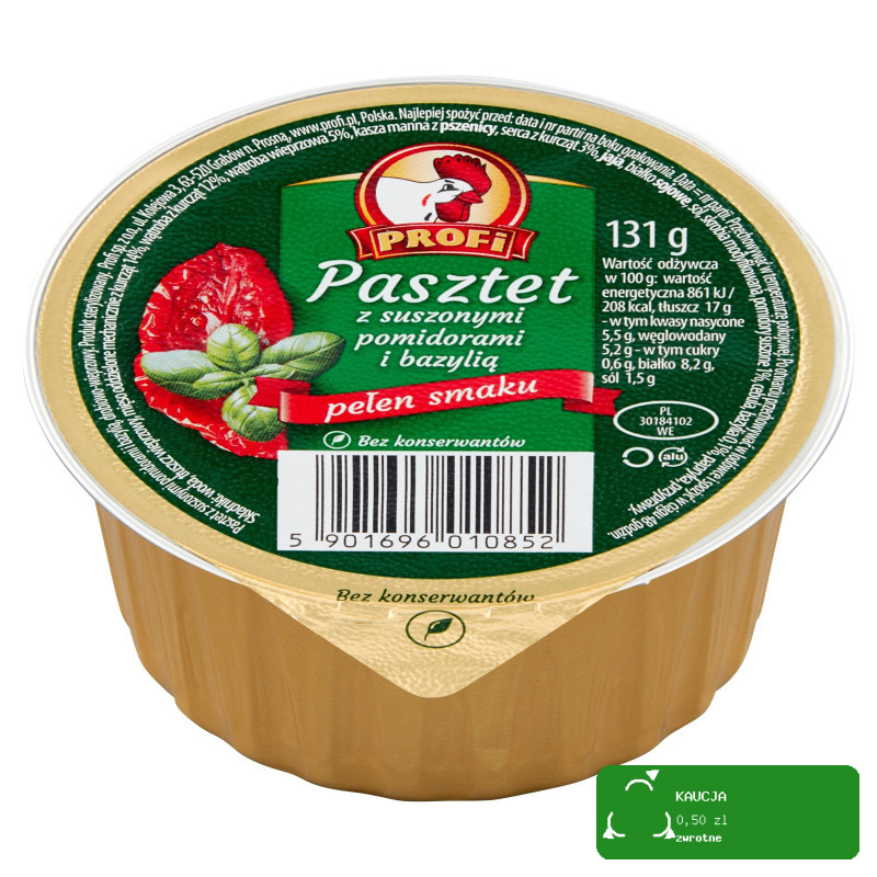 PASZTET DROBIOWO-WIEPRZOWY Z SUSZONYMI POMIDORAMI I BAZYLIĄ 131g Profi