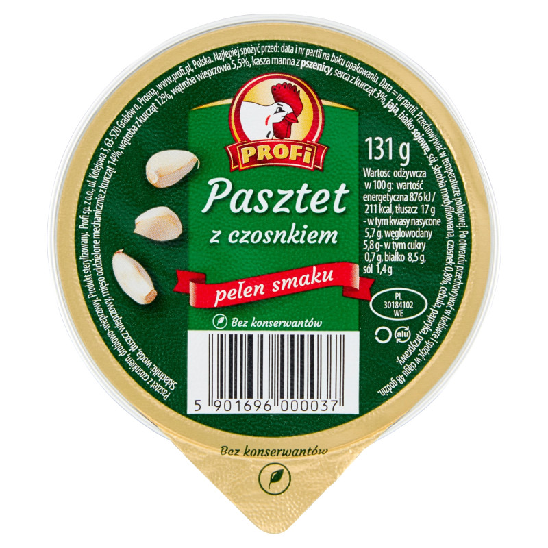 PASZTET DROBIOWO-WIEPRZOWY Z CZOSNKIEM CZOSNKOWY bez konserwantów 131 Profi