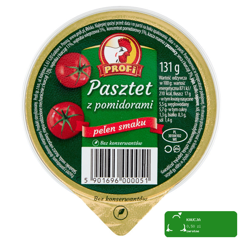 Profi PASZTET DROBIOWO-WIEPRZOWY Z POMIDORAMI bez konserwantów 131g