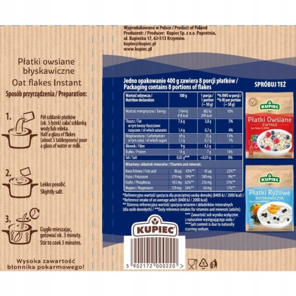 Kupiec PŁATKI OWSIANE BŁYSKAWICZNE 400g 0,4KG