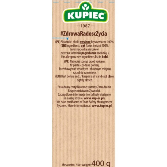 Kupiec PŁATKI OWSIANE BŁYSKAWICZNE 400g 0,4KG
