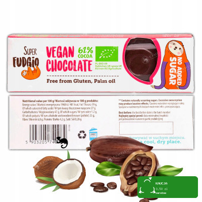 BATON CZEKOLADA CIEMNA KOKOSOWA KOKOS BEZ CUKRU GLUTENU 40g Super FUDGIO