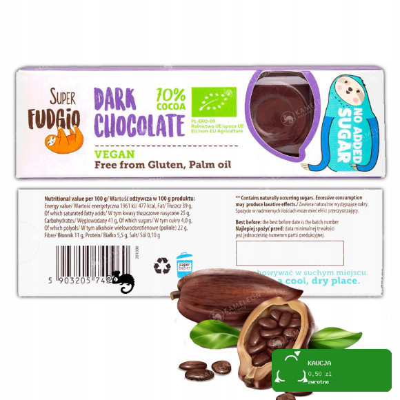 BATON CZEKOLADA CIEMNA KOKOSOWA KOKOS BEZ CUKRU GLUTENU 40g Super FUDGIO