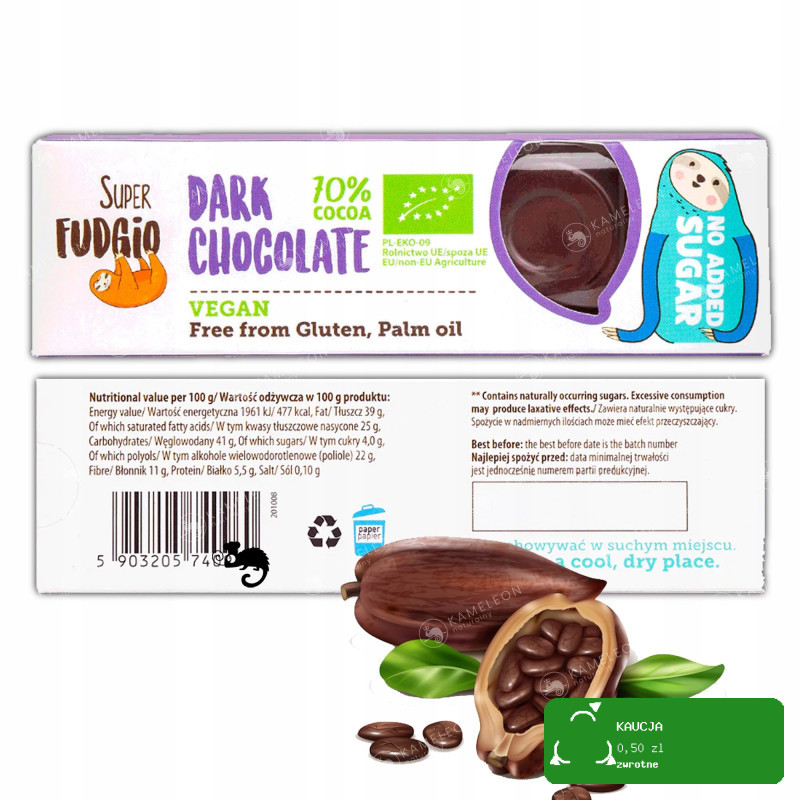 BATON CZEKOLADA CIEMNA KOKOSOWA KOKOS BEZ CUKRU GLUTENU 40g Super FUDGIO
