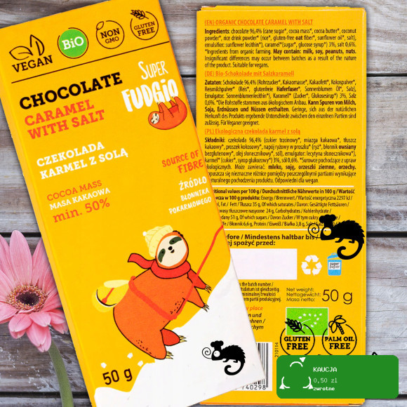 EKOLOGICZNA CZEKOLADA KARMELOWA KARMEL Z SOLĄ BEZ GLUTENU 50g Super FUDGIO