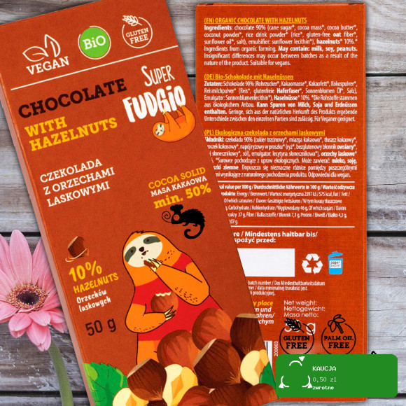 EKOLOGICZNA CZEKOLADA Z ORZECHAMI LASKOWYMI BEZ GLUTENU 50g Super FUDGIO