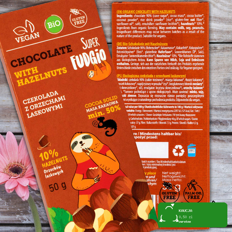 EKOLOGICZNA CZEKOLADA Z ORZECHAMI LASKOWYMI BEZ GLUTENU 50g Super FUDGIO