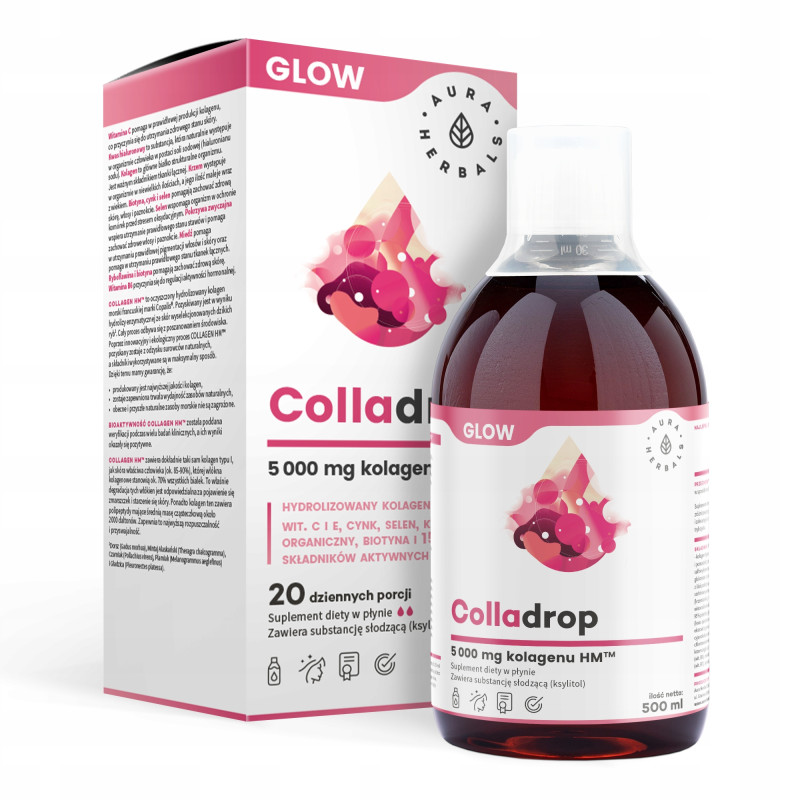 Aura COLLADROP GLOW KOLAGEN MORSKI typu I + III płyn W PŁYNIE 5000mg 500ml