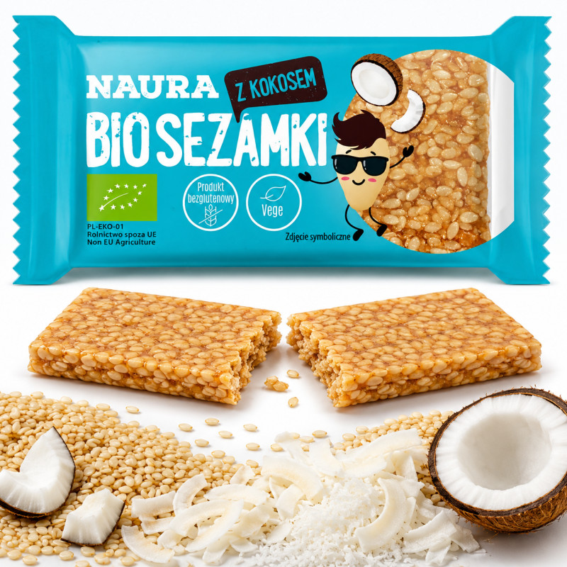 Naura BIO SEZAMKI Z KOKOSEM kokosowe27g BEZ GLUTENU WEGAŃSKIE ekologiczne