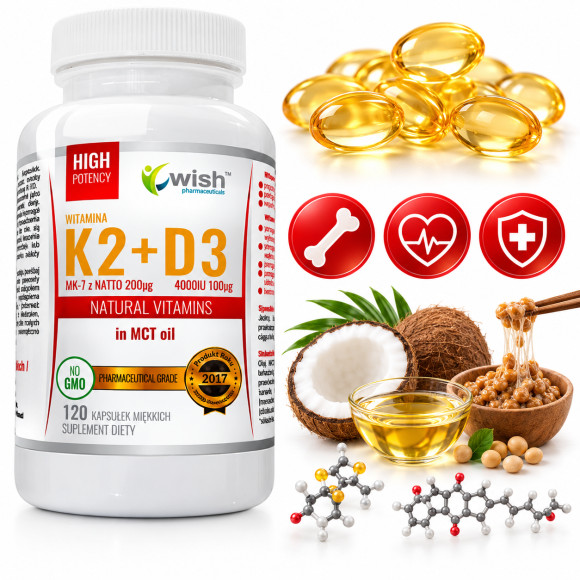 Wish WITAMINA K2 + D3 K2+D3 K2MK7 200µg D3 4000IU MCT Oil 120kaps miękkich