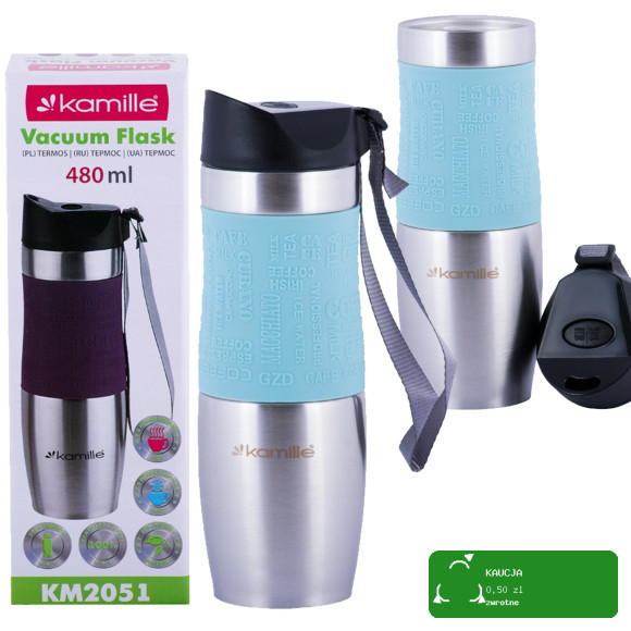 KUBEK TERMICZNY BIDON TERMOS + uchwyt 480ml NIEBIESKI Kamille KM 2051 stal