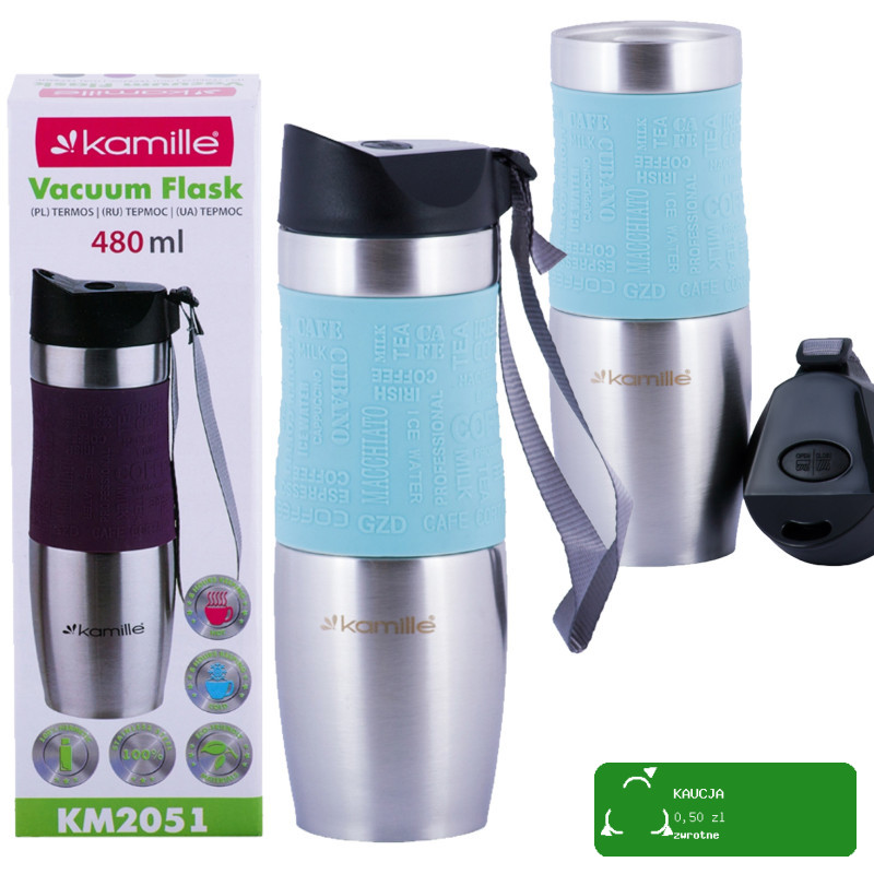 KUBEK TERMICZNY BIDON TERMOS + uchwyt 480ml NIEBIESKI Kamille KM 2051 stal
