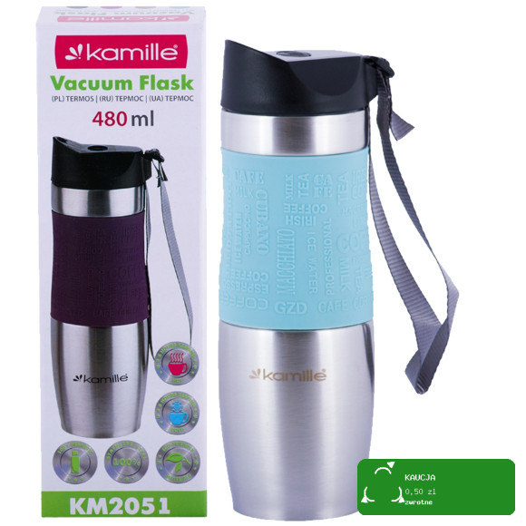 KUBEK TERMICZNY BIDON TERMOS + uchwyt 480ml NIEBIESKI Kamille KM 2051 stal