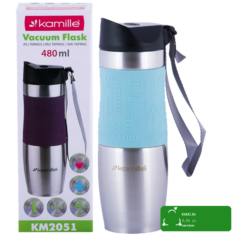 KUBEK TERMICZNY BIDON TERMOS + uchwyt 480ml NIEBIESKI Kamille KM 2051 stal