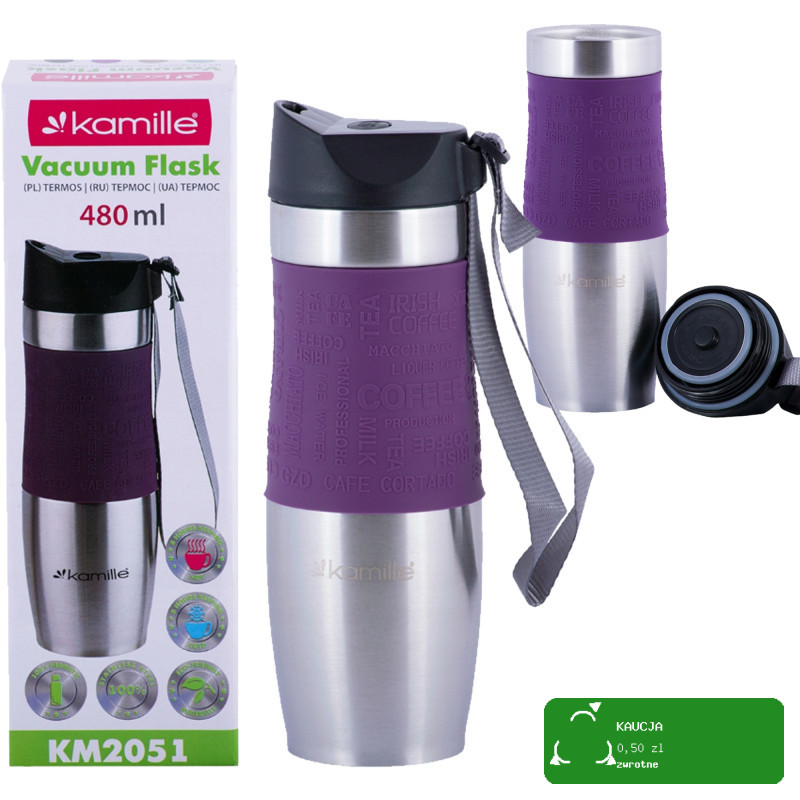KUBEK TERMICZNY 480ml FIOLETOWY Kamille KM 2051 antypoślizgowa nakładka