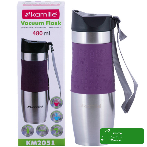 KUBEK TERMICZNY 480ml FIOLETOWY Kamille KM 2051 antypoślizgowa nakładka