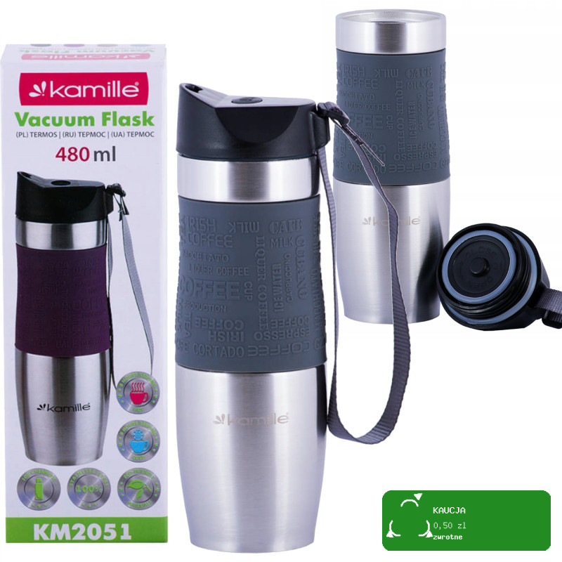 KUBEK TERMICZNY BIDON TERMOS 480ml SZARY Kamille KM2051 silikonowa nakładka