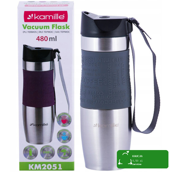 KUBEK TERMICZNY BIDON TERMOS 480ml SZARY Kamille KM2051 silikonowa nakładka