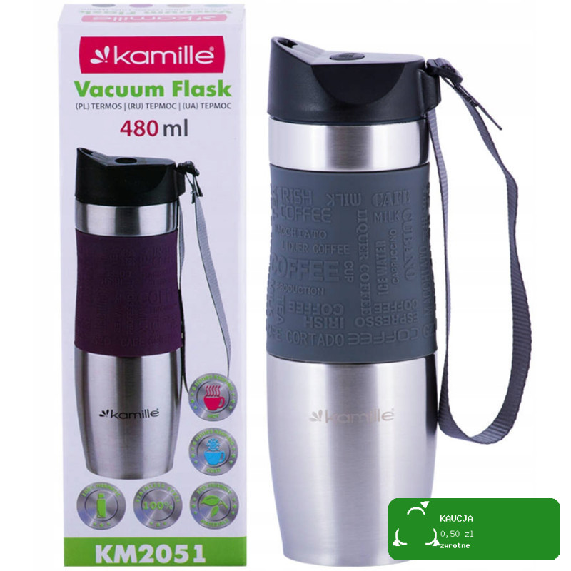 KUBEK TERMICZNY BIDON TERMOS 480ml SZARY Kamille KM2051 silikonowa nakładka