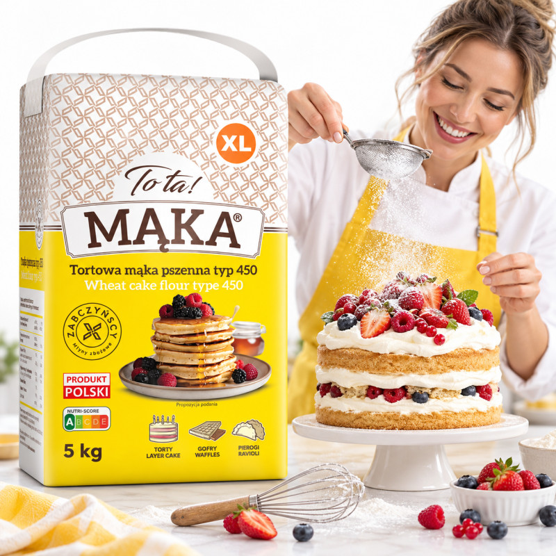 TOTA MĄKA PSZENNA TORTOWA TYP 450 TORTY BISZKOPTY CIASTA 5KG DUŻA
