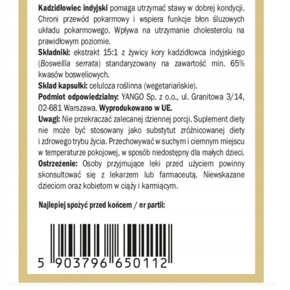 Yango BOSWELLIA 65 CHOLESTEROL STAWY PAMIĘĆ PRZEWÓD POKARMOWY 60kaps. 460mg