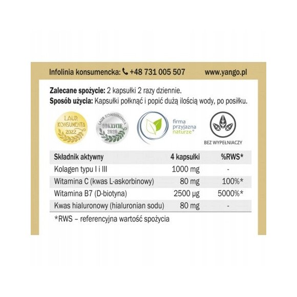 Yango KOLAGEN ANTI-AGE 90kaps KOLAGEN + BIOTYNA + KWAS HIALURONOWY + WIT C
