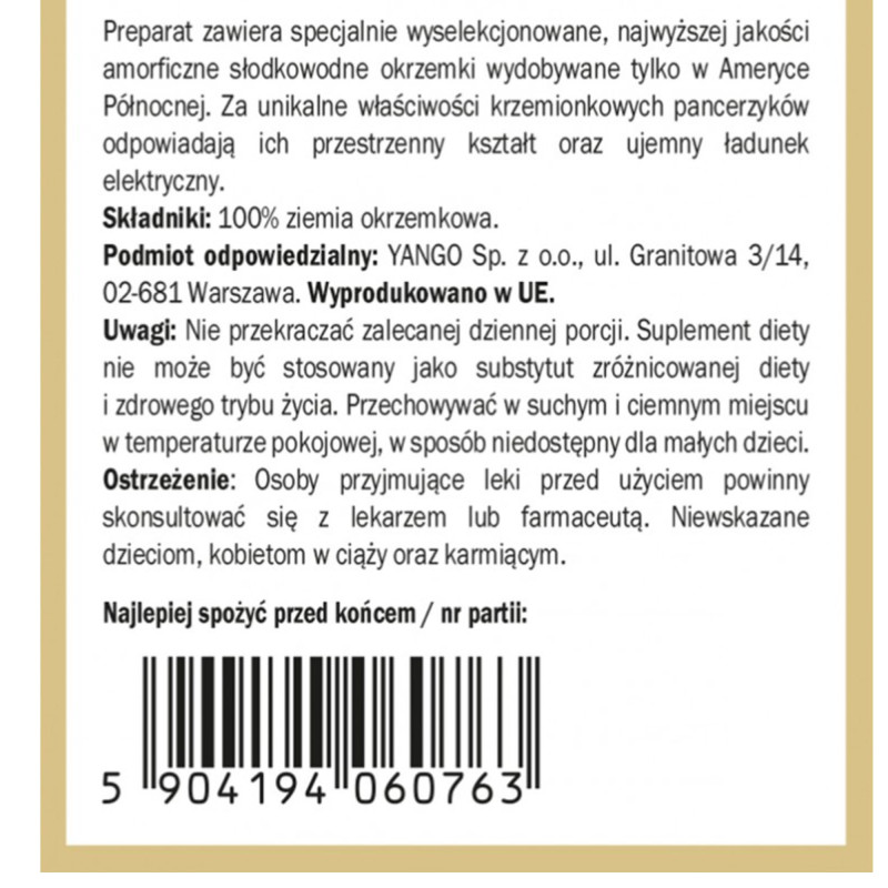 Yango DIATOMIT OKRZEMKI NATURALNE 70g proszek krzem wparcie OCZYSZCZANIA