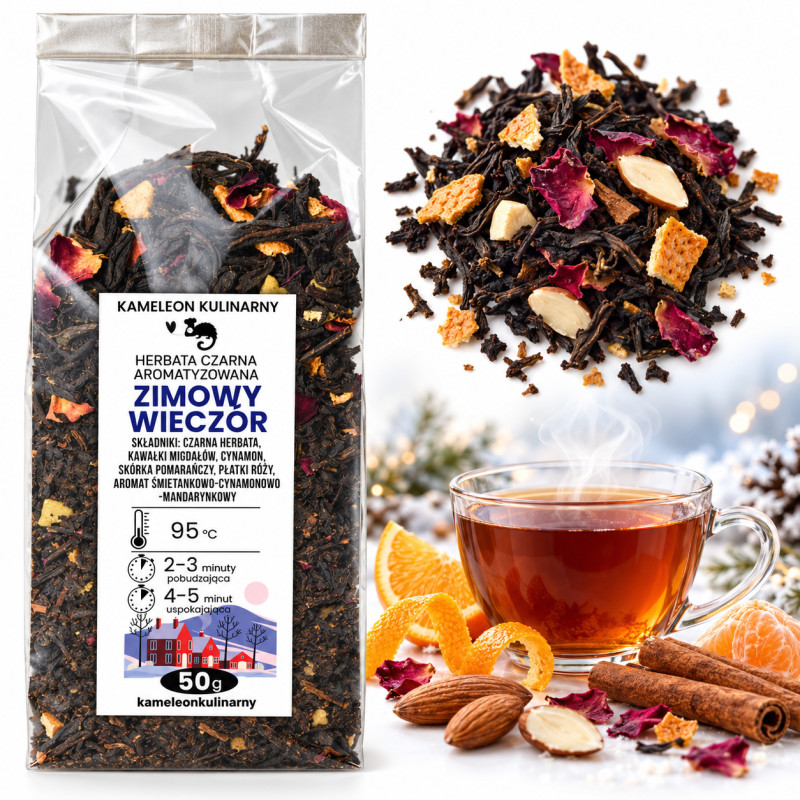 KAMELEON KULINARNY HERBATA CZARNA ZIMOWY WIECZÓR migdał pomarańcza róża 50G