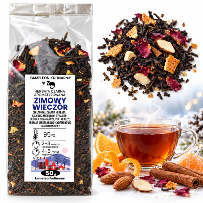KAMELEON KULINARNY HERBATA CZARNA ZIMOWY WIECZÓR migdał pomarańcza róża 50G