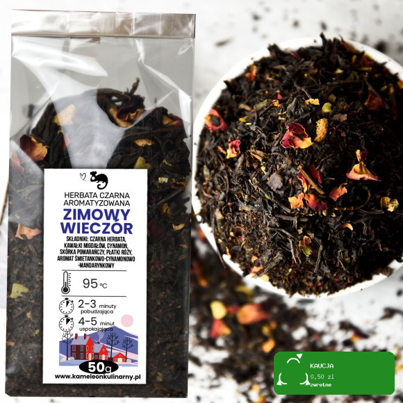 KAMELEON KULINARNY HERBATA CZARNA ZIMOWY WIECZÓR migdał pomarańcza róża 50G