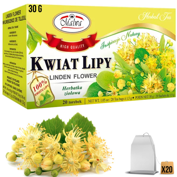 MALWA LIPA KWIAT LIPY 100% HERBATKA EKSPRESOWA 20szt saszetek po 1,5G 30G